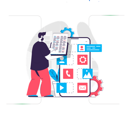 App development illustration with mobile and web app visuals
