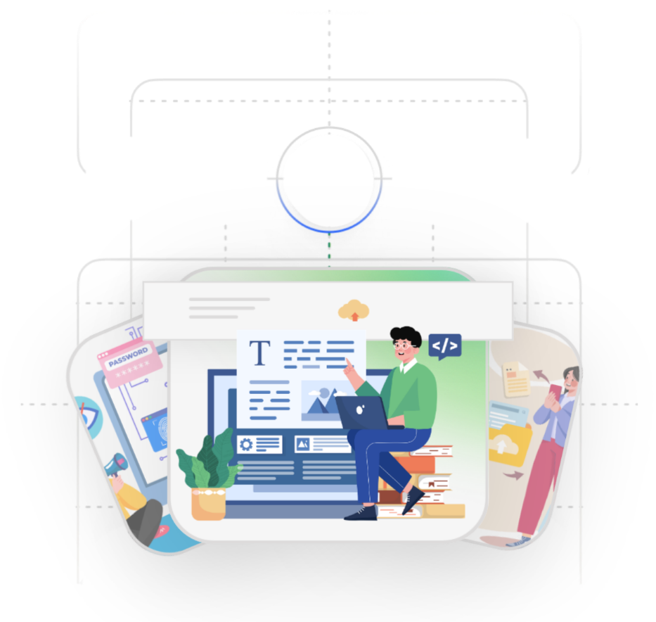 Website services illustration with design, hosting, and online presence visuals